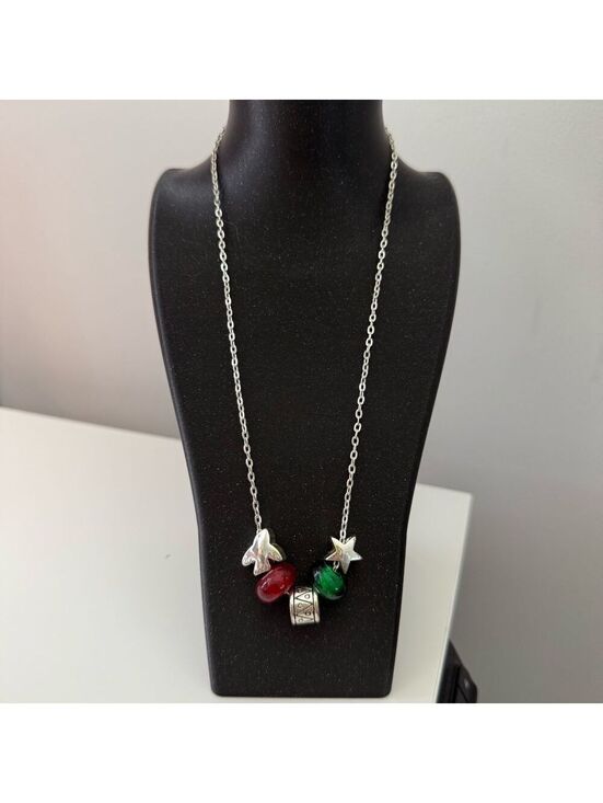 Unbranded Jewelry - Silver Tone Necklace Red Green Glass Beads Star Bird Charms Adjustable